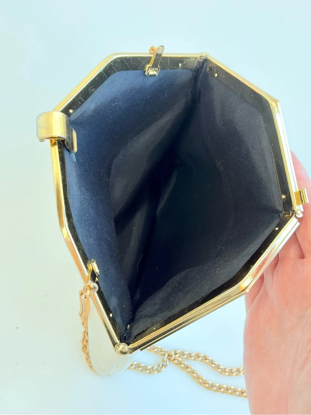 Mid-century White Genuine leather Diamond Shape Hinge Frame Two-Way Bag Vintage
